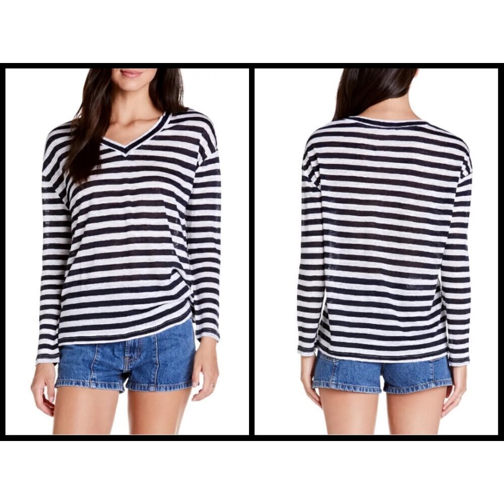 💕MICHAEL STARS💕 Melanie Slouchy Stripe Tee Admiral Stripe Black & White Linen